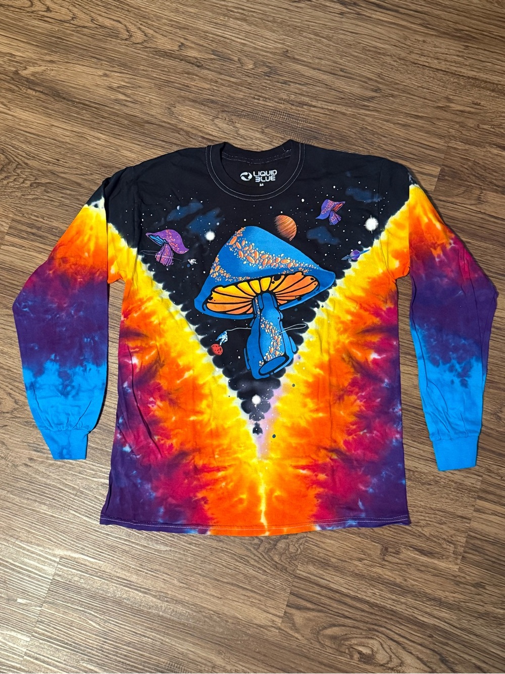 Liquid Blue Multicolor Tie-Dye Long Sleeve Tee with Psychedelic Mushroom Design